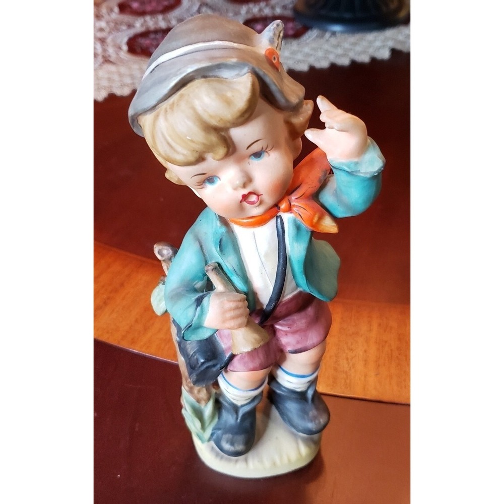 Hummel-Look Boy with‎ Trumpet Standing Hiker Porcelain Statue 9" Tall